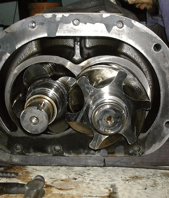 Internal view of compressor airend showing rotors and mechanisms