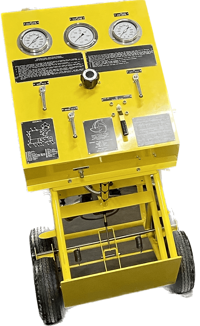 Yellow nitrogen cart with pressure gauges for fighter jet tire and brake reservoir filling